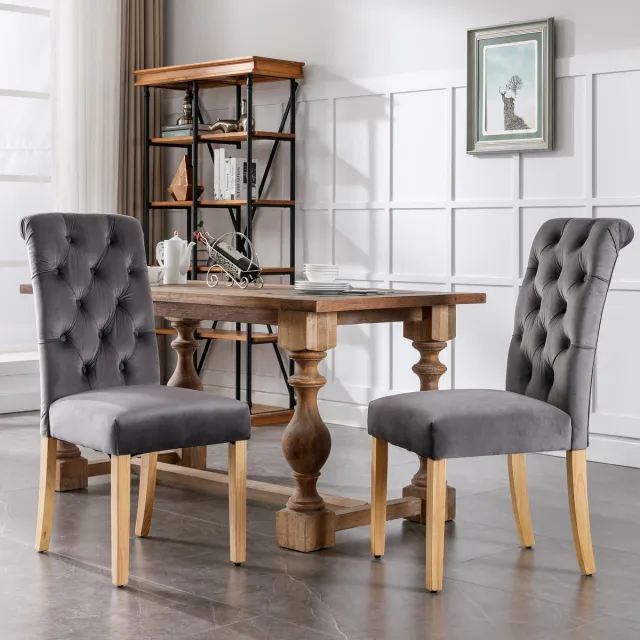 Sweiko Eetkamerstoel - Set van 2 - Velvet - Eikenhouten poten - Grijs