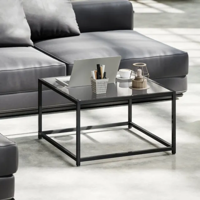 REDOM Salontafel – 68x68x39 cm – Gehard glas met stalen frame – Industrieel & strak design – Vierkante woonkamertafel – Zwart