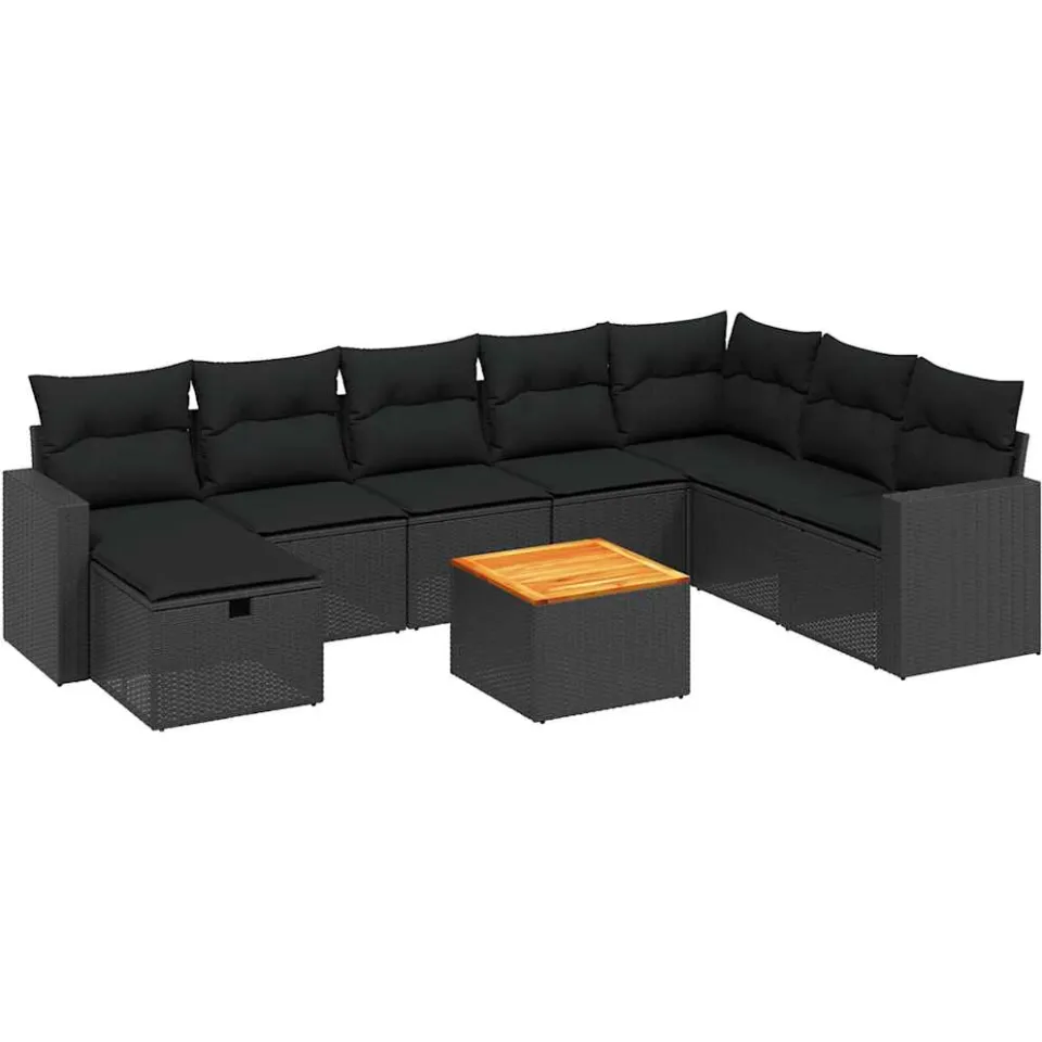 vidaXL 9-delige Loungeset met kussens poly rattan zwart, foto 3