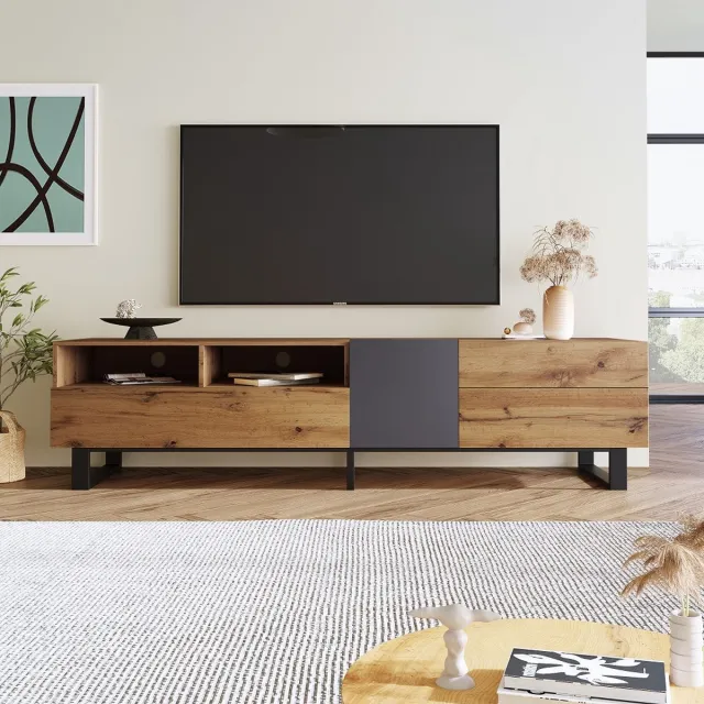 KOMHTOM Tv meubel met korte panelen Rustiek Woodgrain kleurenblok 180 cm Natuurlijk