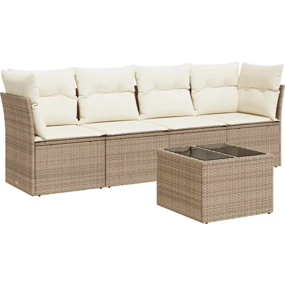 vidaXL 5-delige Loungeset met kussens poly rattan beige, foto 3