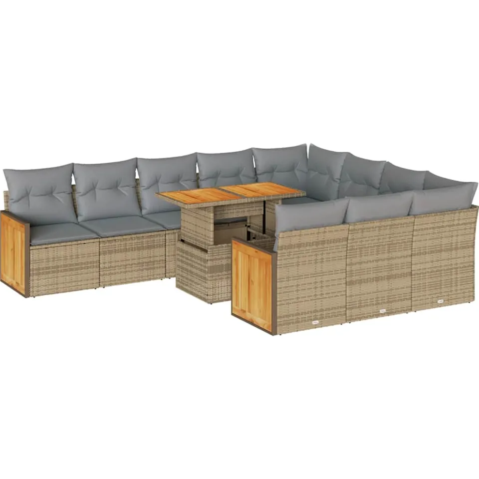 vidaXL 11-delige Tuinset met kussens poly rattan acacia beige, foto 3