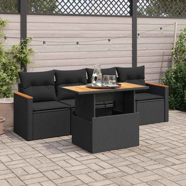 vidaXL 5-delige Loungeset met kussens poly rattan acacia zwart, foto 2