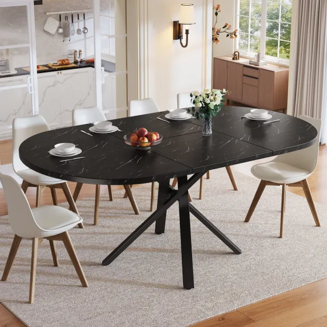 Sweiko Uitschuifbare Eettafel - 100-140 cm - Rond/Ovaal - Metalen X-poten - Houtlook - Zwart