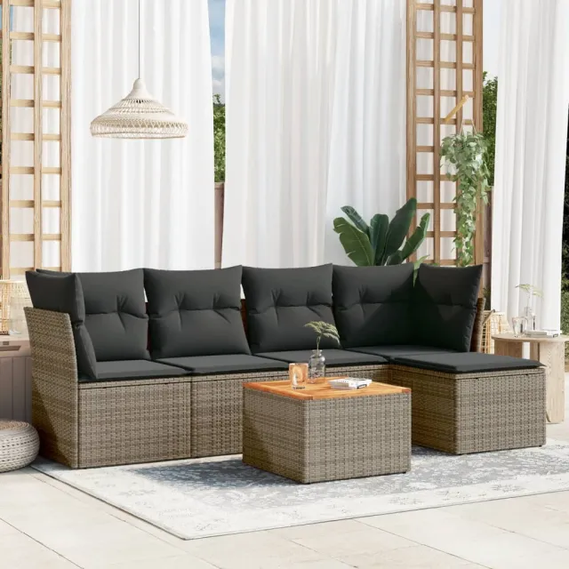 vidaXL 6-delige Loungeset met kussens poly rattan grijs, foto 2