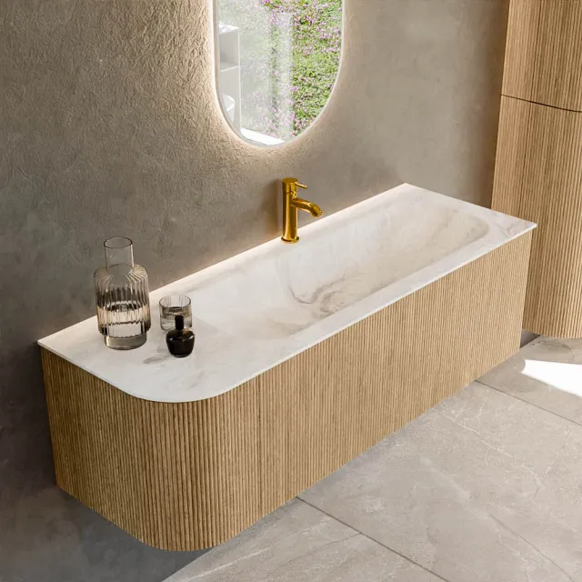 Mondiaz KURVE-DLUX 135 cm Onderkast Greeploos 1 Lade Met Deuren Oak, Wastafel Solid Surface Rechts Frappe 1 Kraangat Zonder Spiegel (KRVBGM135L1L1D1KR-Oak/Fra)