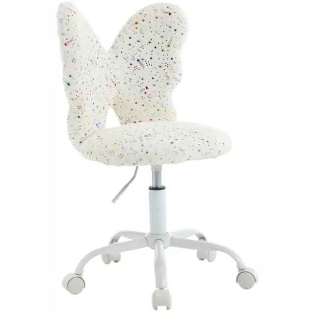 chairus ®Kantoor Bureaustoel - Wit - Nepbont - Met Vlindervormige Rugleuning - Met Sterstickerdecoratie - Armloze Stoel - Draaibaar en in Hoogte Verstelbaar - Met Metalen Onderstel - Met Wielen - Perfecte Studiepartner voor je Kind