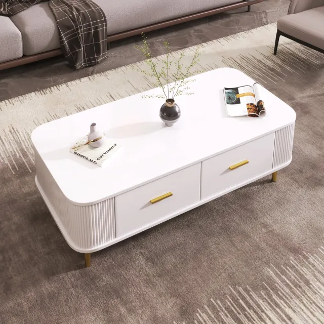 HAUSS SPOLE Salontafels - Koffietafel Met Lade En Gewelfde Zijden - Elegante Woonkamer Tafel Met Gouden Grepen En Poten - 105x51x38 cm - MDF - Wit