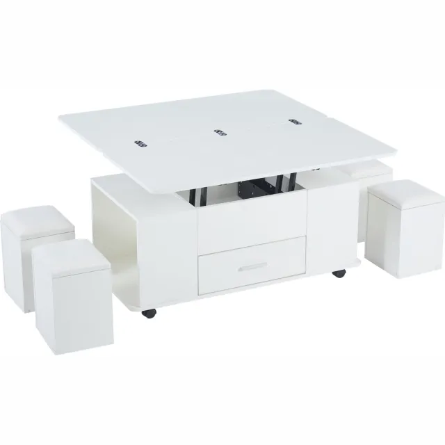 SONNENH Lift-up salontafel met 4 opberghockers, lade en wielen - 100 cm - Wit