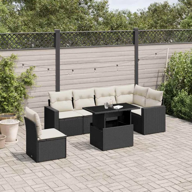 vidaXL 7-delige Loungeset met kussens poly rattan zwart, foto 2