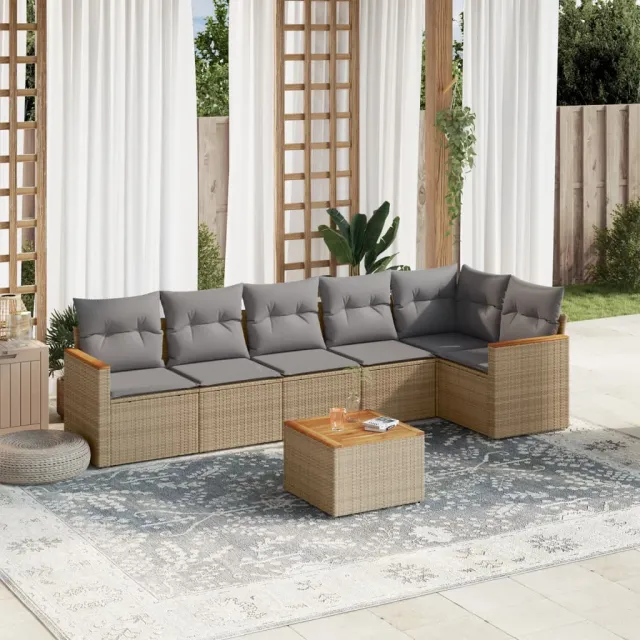 vidaXL 7-delige Loungeset met kussens poly rattan gemengd beige, foto 2