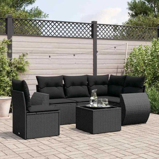 vidaXL 6-delige Loungeset met kussens poly rattan zwart, foto 2