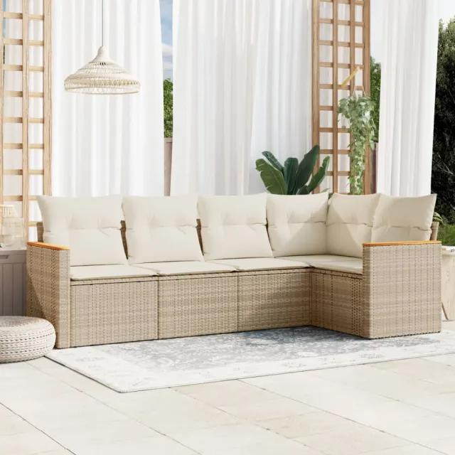 vidaXL 5-delige Loungeset met kussens poly rattan beige, foto 2