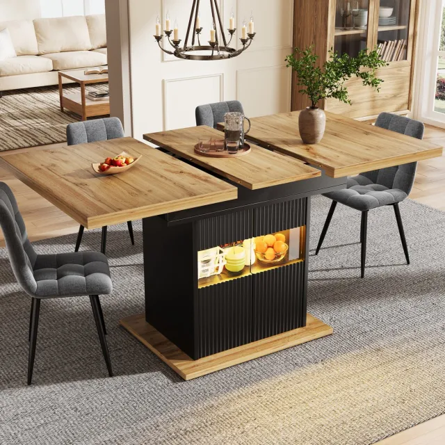 OKWISH Eettafel – Uitschuifbaar 110-140 cm – Met Opbergruimte en Verlichting – Verstelbare Plank – MDF en Metaal Zwart Houtlook
