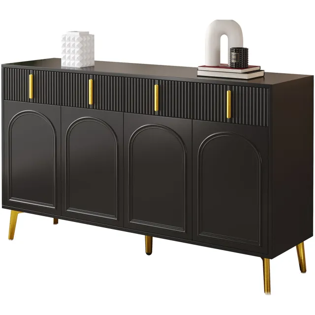 Clruro Dressoir - 140x38x82 cm - met 4 Deuren en 4 Lades - Gouden Accenten - MDF - Zwart
