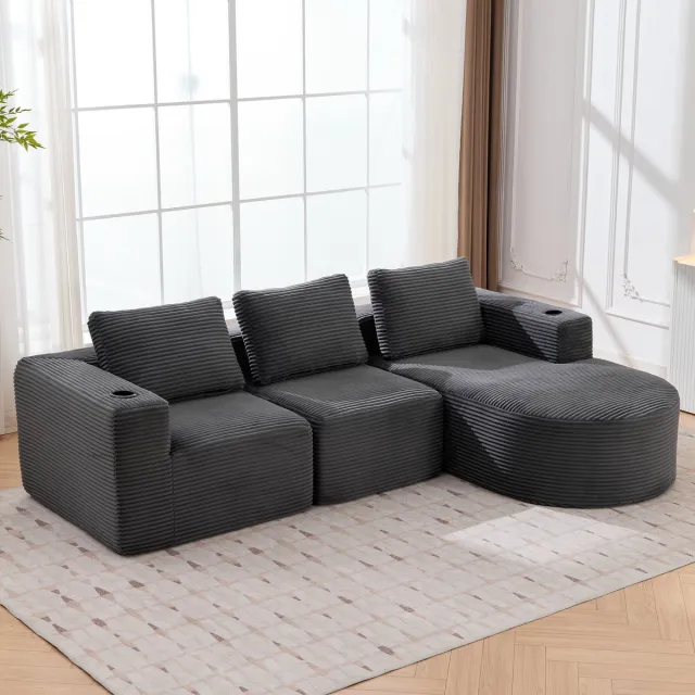 MODFU 2-Zitsbank - Met Drie Kussens En Twee Bekerhouders - Modern - Voor Woonkamer Of Kantoor - Polyester - Donkergrijs