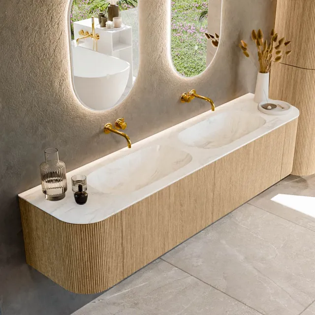 Mondiaz KURVE-DLUX 190 cm Onderkast Greeploos 2 Lades Met Deuren Oak, Wastafel Solid Surface Dubbel Ostra 0 Kraangaten Zonder Spiegel (KRVSTS190L+R2L2D0KD-Oak/Ost)