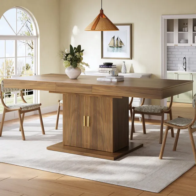 OKWISH Uitschuifbare Eettafel - Geïntegreerde Opbergruimte - 140 Tot 180 Cm - MDF En Metaal - Bruin Houtlook - Rechthoekig