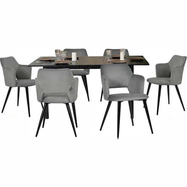 MEUBLE COSY Eetkamerset - 7-delig Uitschuifbare tafel - Zwart en lichtgrijs