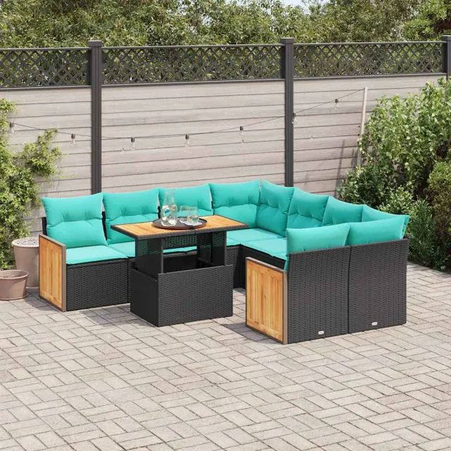 vidaXL 9-delige Loungeset met kussens poly rattan acacia zwart, foto 2