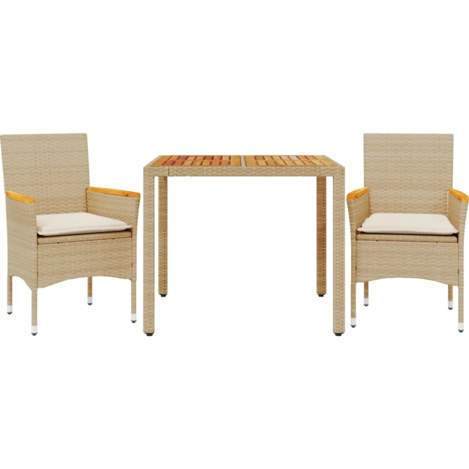 vidaXL 3-delige Tuinset met kussens poly rattan en acaciahout beige, foto 3