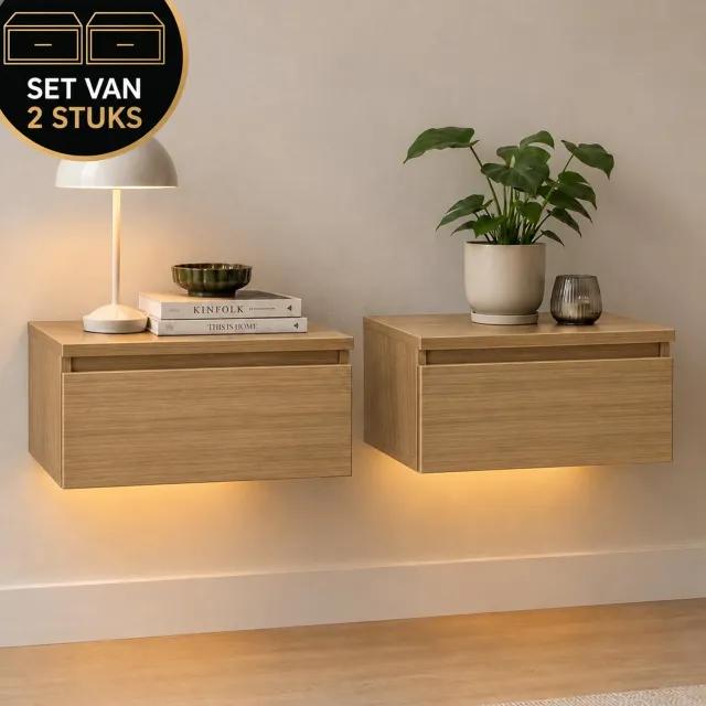 Casamoda Nachtkastje set van 2 - Zwevend - Nachtkastjes met lade - Hout - RGB Verlichting - H18 x B40 x D35 cm - Bedside table - Nightstand - Hangend - Nachtlampje volwassenen - Modern - Industrieel - Nachtkastje met Lade - Lamp - Goud Eiken