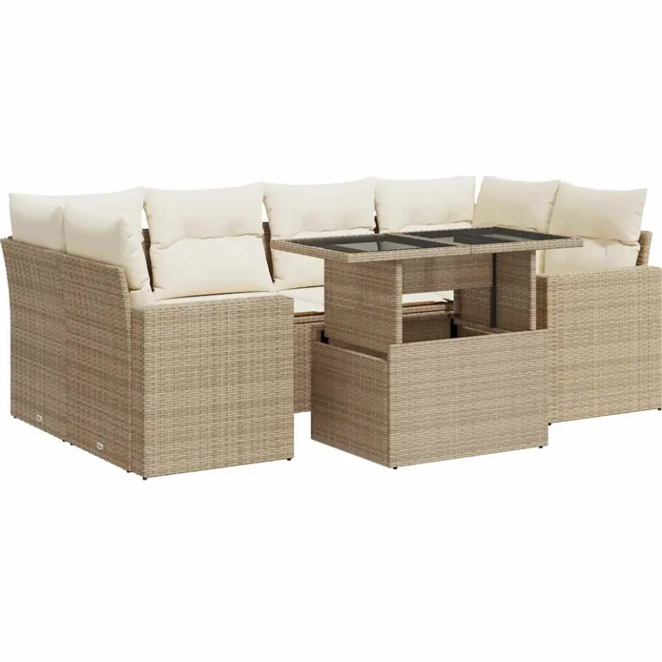vidaXL 7-delige Loungeset met kussens poly rattan beige, foto 3