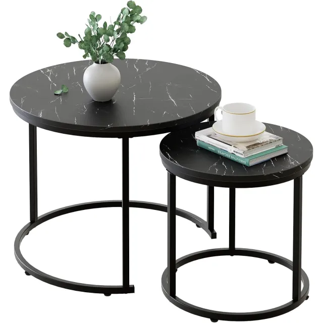 Danky Salontafel Set van 2 - Ronde Bijzettafels 60 en 40 cm - Industrieel Design Houtlook - Zwart Metalen Frame