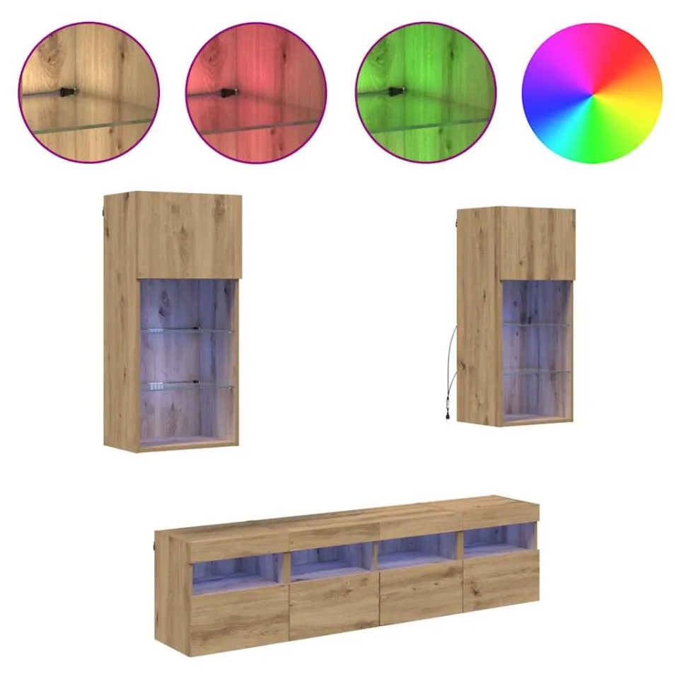 vidaXL TV Wand Eenheden met LED 5 st Artisan Eiken Bewerkt hout, foto 4