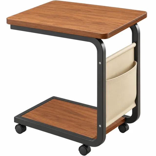 MokoHub Rollende Bijzettafel met Opbergtas - Massief Hout - C-Vormig - Metalen Frame - Bank - 35x28x63 cm - Bruin