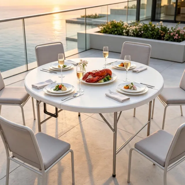 FloraGrace Eettafel - Opklapbare Ronde Tuin Tafel Voor 6 Personen - Modern Voor Terras, Balkon En Tuin - Staal En HDPE - Ø122 Cm - Grijs Wit