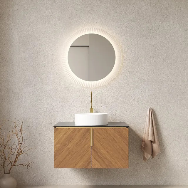 MODFU Badkamer-Wastafelmeubel-76 Cm-Keramische Waskom-Zwart-Bruin Eiken-Wandmontage