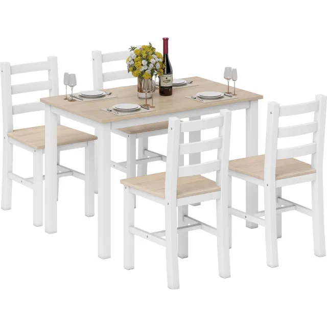 sogiol Eethoek 5-delig - Eettafels met 4 Stoelen - Massief Hout - Wit/Natuur
