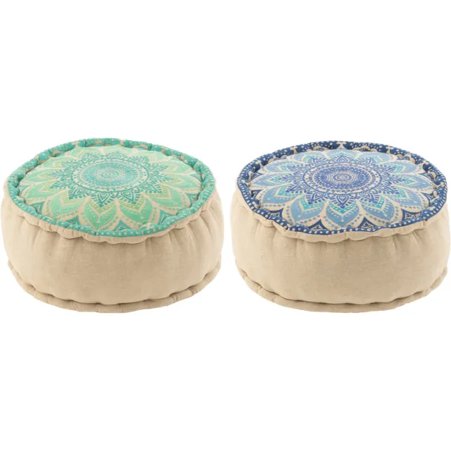 J-Line poef Rond Bloem - katoen - turquoise/blauw - 2 stuks
