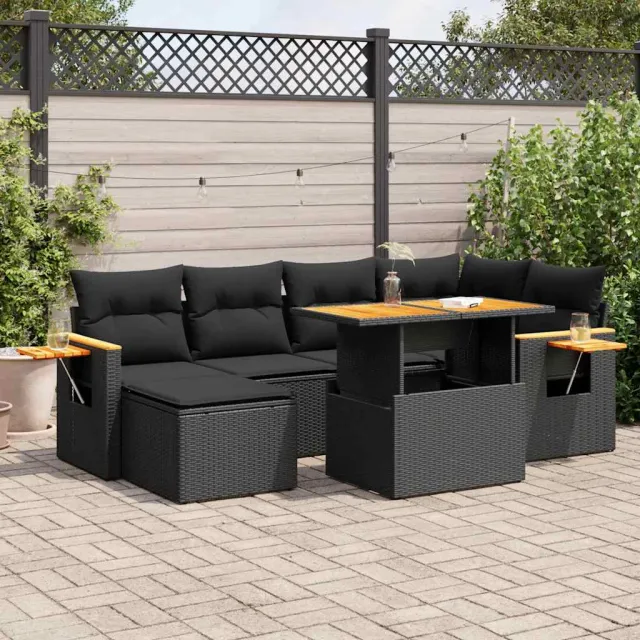 vidaXL 7-delige Loungeset met kussens poly rattan acacia zwart, foto 2