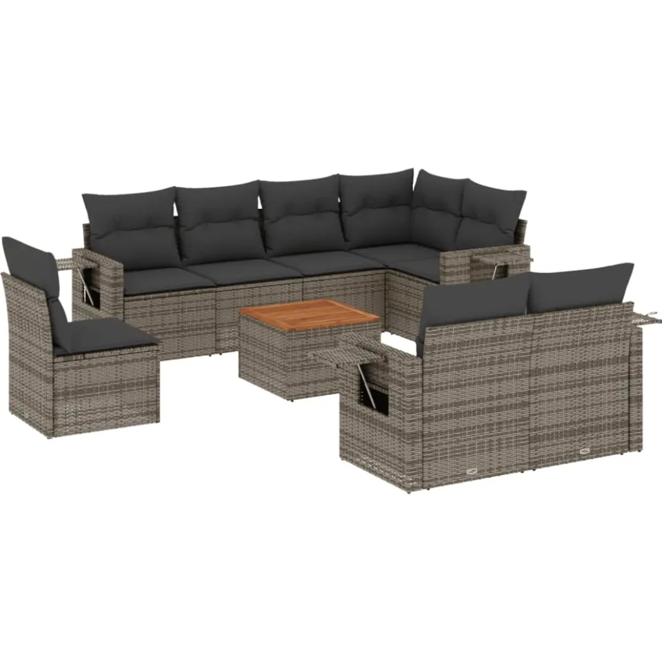 vidaXL 9-delige Loungeset met kussens poly rattan grijs, foto 3
