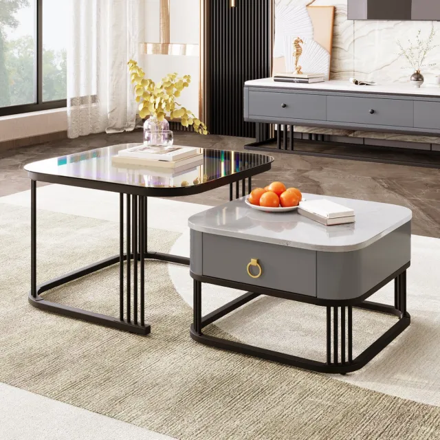 HAUSS SPOLE Salontafel Set Van 2 - Nestbare Tafels Met Lade En Marmerlook - Voor Woonkamer - MDF En Glas - 60x60x44,5 Cm - Zwart Grijs