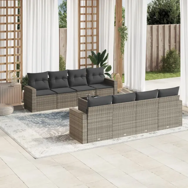 vidaXL 9-delige Loungeset met kussens poly rattan grijs, foto 2