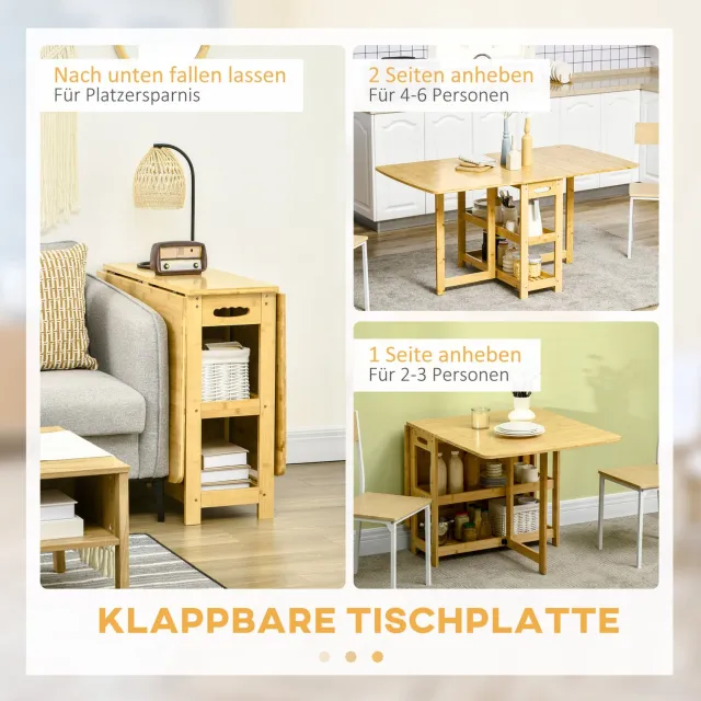DESMIU Klaptafel - Uitbreidbare Eettafel Met Opbergvakken - Voor Keuken En Eetkamer - Bamboe - 149,5 X 80 X 73,5 Cm - Naturel Natuurlijk hout