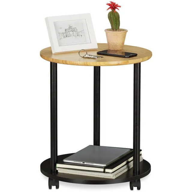 Famanu Verrijdbare bijzettafel rond met wieltjes, modern design, bamboe, HxD: 49 x 40 cm, zwart/naturel, multifunctioneel tafeltje