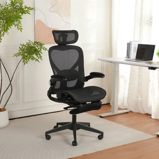 Vankel Opvouwbare ergonomische bureaustoel-3D verstelbare hoofdsteun-verstelbare lendensteun-ademende mesh bekleding-draaibare armleuningen-uittrekbare voetensteun-kantelfunctie-bureaustoel voor kantoor studie en gaming - zwart