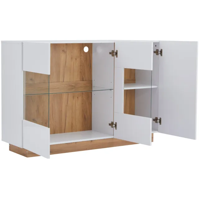 Ropilly Dressoir - 138 x 38,5 x 90,5 cm - Met drie deuren en glazen deurpanelen - Wit hoogglans - Met ledverlichting voor woonkamer of slaapkamer Hoogglans wit