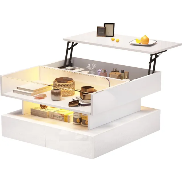MUVANO Salontafel In Hoogte Verstelbaar - Witte Salontafel Hoogglans - Salontafel Met Lades - 80x80x45cm - Met Verborgen Opbergruimte - Woonkamer Wit