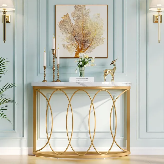Tribesigns Consoletafel - Sidetable Halfrond - Haltafel - Wandtafel - 110x35x80 cm - Goud / Wit - Metaal / Kunstmarmer - Modern - Console Tafel