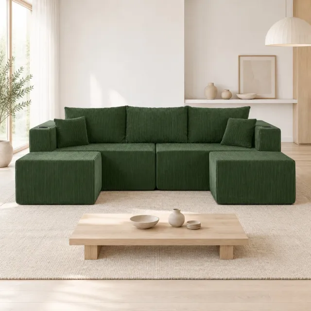 WUVRIE Modulaire hoekbank 230x138 cm - 3-zits met 2 beweegbare ottomanen, drinkhouders en zijvakken - Groen