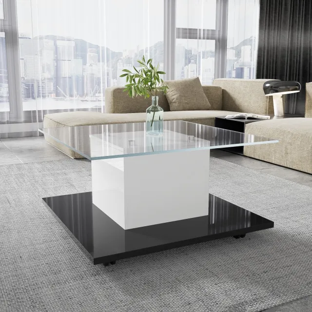 Wishdor Salontafel met gehard glas, hoogglans zwart-wit, verstelbare LED-verlichting, verrijdbaar op wielen met remsysteem Wit+Zwart