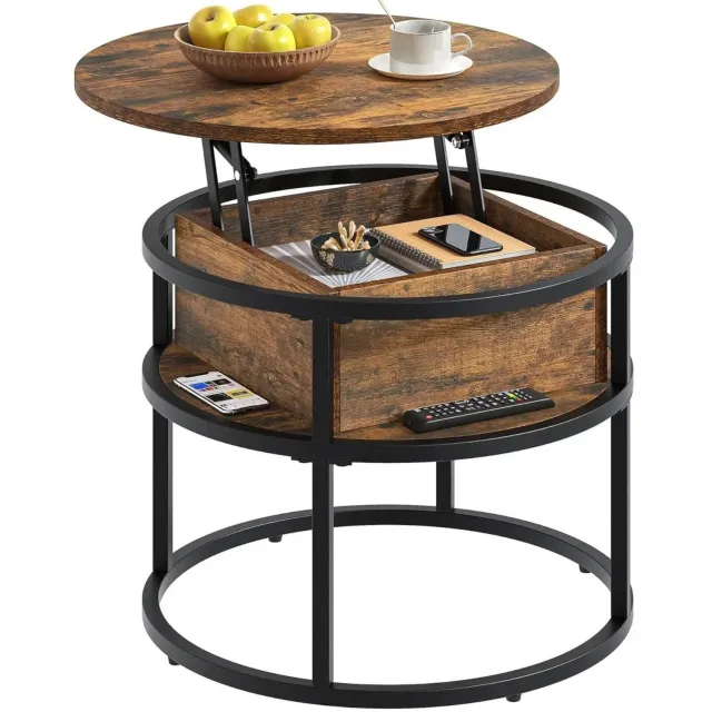 Noventra Ronde Salontafel met Opbergruimte - In Hoogte Verstelbare Lift Top Salontafel - Multifunctionele Koffietafel met Opbergvak en Zwart Metalen Frame - Industrieel Design - Bruin Zwart - Ø 60 cm zwart/ houtlook