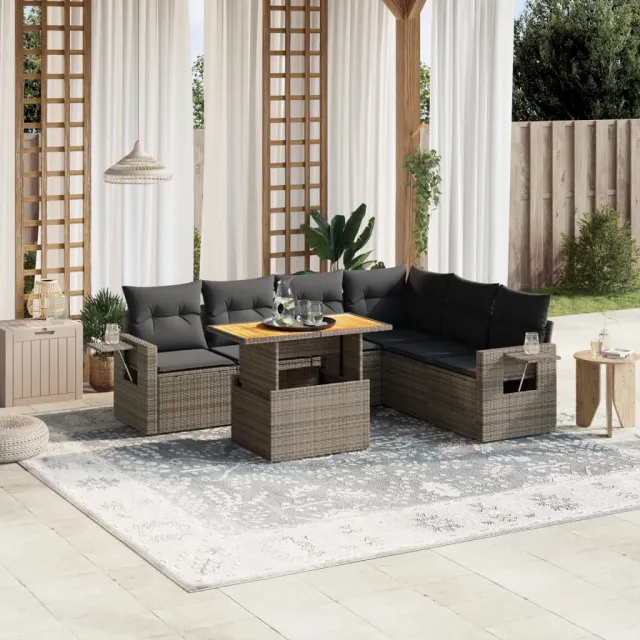 vidaXL 7-delige Loungeset met kussens poly rattan grijs, foto 2