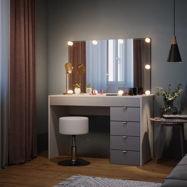 Vicco Kaptafel set met kruk Elise, Wit/Grijs, 115 cm met spiegel, LED-lichtslinger en kruk