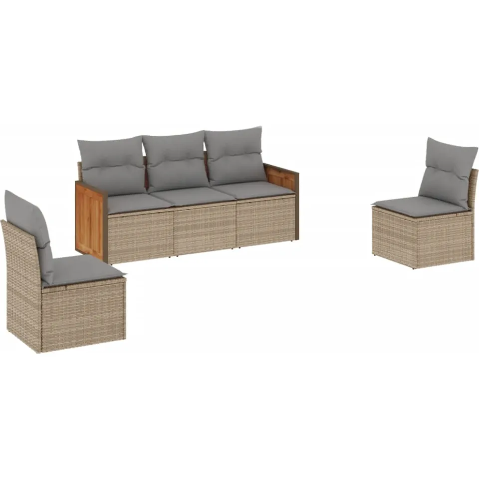 vidaXL 5-delige Loungeset met kussens poly rattan beige, foto 3